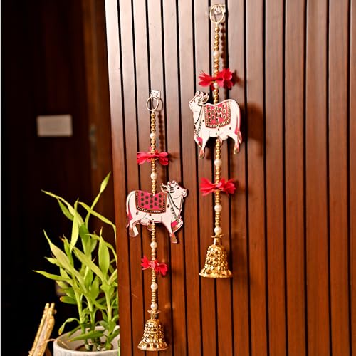 Image of CraftVatika Pichwai Cow Wall Decor Hanging Latkan for Door Wall Decoration, Diwali Decor Items Diwali Decoration for Home, Festive Decor Items, Pichwai Backdrop Cow with Bell Hanging 14.5 Inch Height
