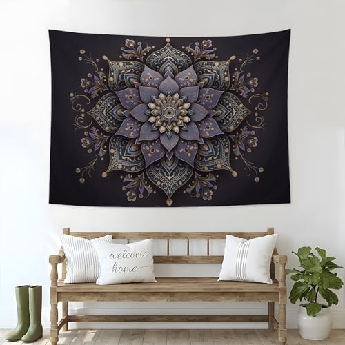 Tapisserie murale tissu bleu grand modèle de 230 x 150 cm décoration lotus mandala style cachemire