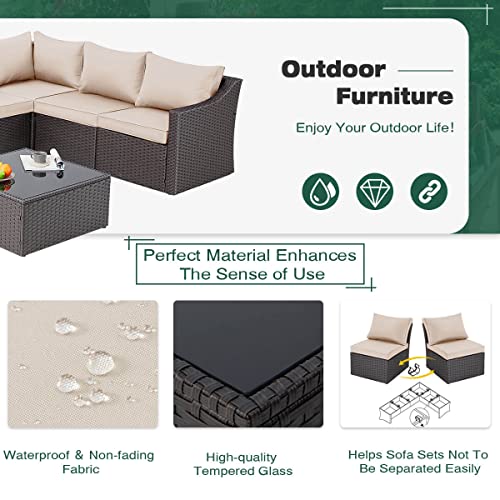 Homrest 7 Pcs Patio Furniture Set All Weather Sectional Sofa With Red Cushion & Coffee Table,Khaki #TOP1