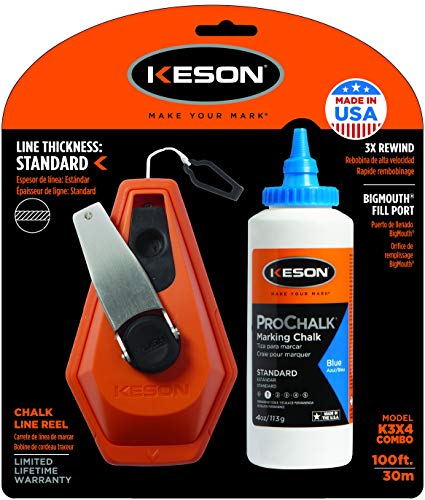 Keson K3X4B 3x1 Rewind Chalk Line Reel Combo with 4-Ounces of Blue Chalk, 100-Foot