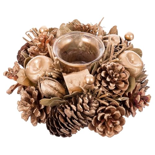 LOLAhome Centro de Mesa Redondo Navideño con Portavelas Integrado. Su Elegante Acabado en Color Dorado lo Convierte en el Adorno Celebraciones de Navidad. Mide 18x18x8 cm.