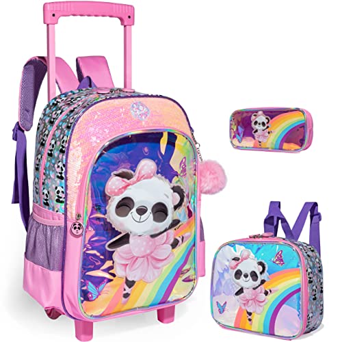 ZBAOGTW Panda Rolling Backpack for Girls with Lunch Box Kids Backpack with Wheels for School Sequin Trolley Trip Luggage Rolling Backpack for Kindergarten Girls Elementary