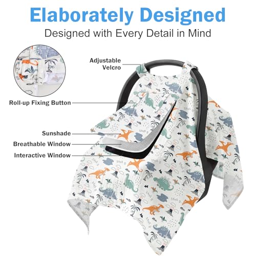 Image of Baby Car Seat Cover with Mesh Window, 100% Cotton Carseat Covers Baby Boy Breathable Infant Car Seat Cover Spring Summer Baby Carseat Cover Lightweight Infant Car Seat Canopy - Dinosaur