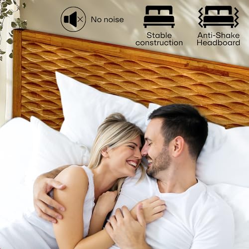 Image of Acacia Elara Queen Platform Bed Frame - Mid-Century Modern Style, Carved Headboard, Solid Wood, Caramel Finish, No Box Spring, 800lbs Support, Easy Assembly with Tools Included