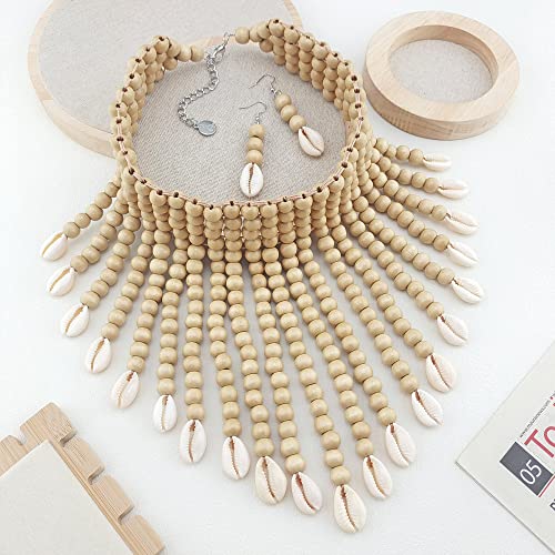 Coiris Boho African Acrylic Beaded Bib Statement Necklace Strands With Shell Layered Cluster Chunky Collar Choker Necklace For Women Fashion Costume Jewelry N0065-Off White+Shell #TOP2