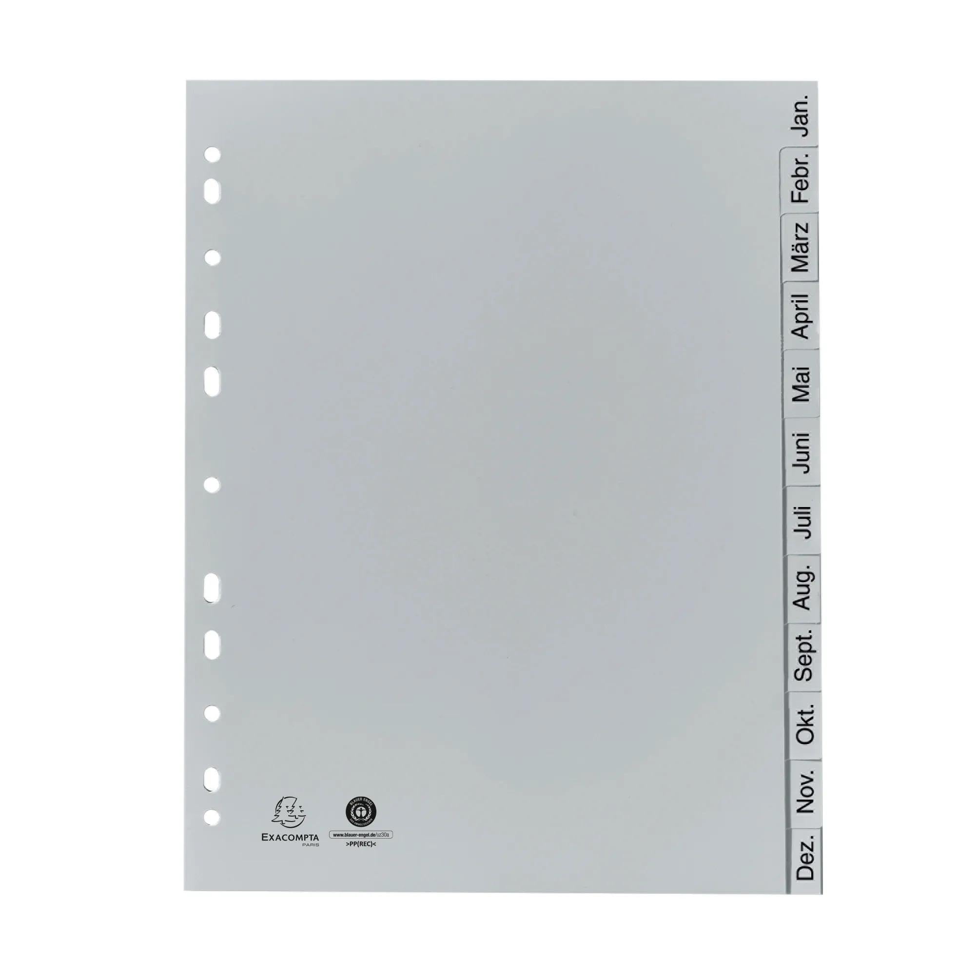 Exacompta - Ref 1812B - Cardboard of 25 Monthly Printed dividers Recycled PP Grey - Januar-Dezember (German) - 12 Positions - A4 - Grey