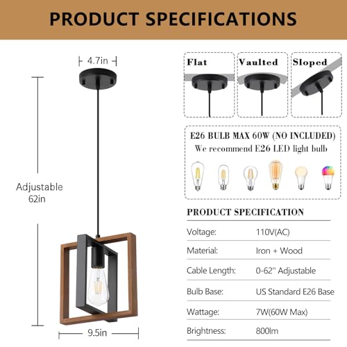 9MMML Wood Pendant Light Kitchen Island Set of 3, Farmhouse Hanging Lamp with 62'' Height Adjustable Cord, Small Ceiling Pendant Light Fixture for Dining Room, Entryway, Foyer - Image 4