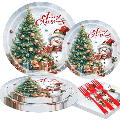 Christmas Plates Disposable Party Set Holiday Christmas Paper Plates and Napkins Sets Party Supplies Serves 25