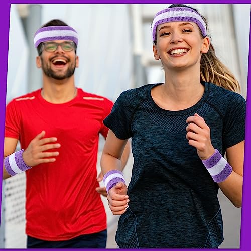 Image of Eurzom 36 Pcs Neon Sports Sweatbands Set Include 12 Striped Sweat Absorbing Headbands 24 Wristbands Athletic for Men Women Basketball Tennis Running Glow Party