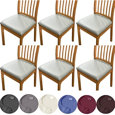 HFCNMY Seat Covers for Dining Chairs, 6 Pack Stretch Waterproof PU Dining Chair Seat Covers Removable Dining Room Chair Seat Covers Washable Kitchen Chair Seat Covers with Elastic Bands,Light Gray Cover