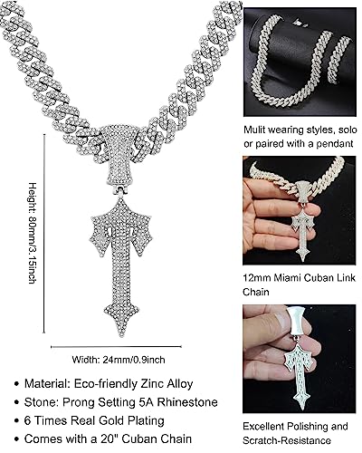 LuxeFlex Hip Hop Cross Sword Necklaces with 12MM 20" Miami Cuban Link Chain, Iced Out Diamond Initial T Pendant Necklace, Alphabet Letter Pendant Choker, Trendy Rapper Jewelry for Men Women4