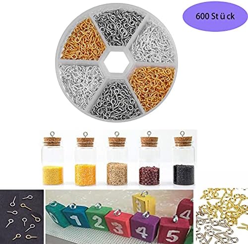 XPOOP 600 Pcs Mini Screw Eye Nail Hook Mini Ring Thread, Iron Small Screw Eye Screw Sheep Eye Nail, 4 * 10 mm, Used for Hanging Jewelry to Make DIY Crafts (3 Colors Mixed)
