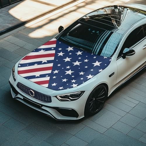 Image of American Flag Design Car Hood Cover Protector Elastic Polyester Auto Hood Wraps Blankets Patriotic Decorations Stretchable Car Exterior Accessories
