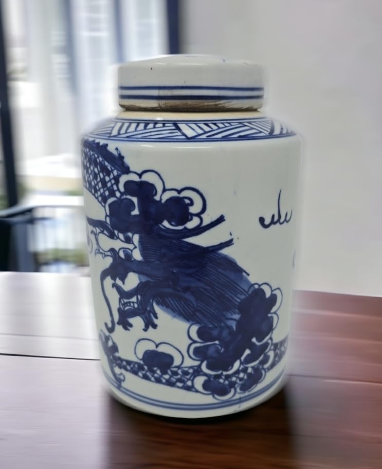 古磁 青いドラゴン模様の白磁花瓶 花瓶 青と白の磁器瓶 蓋付きセラミック青と白の瓶 中国の