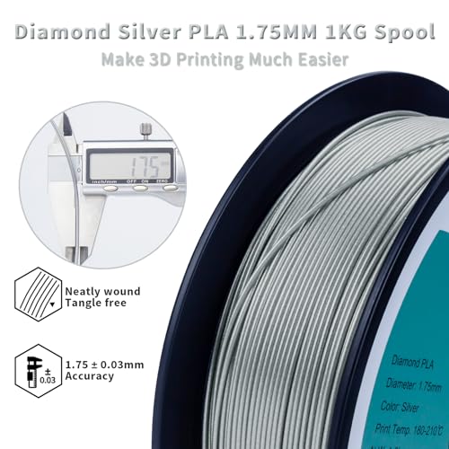 Image of ZIRO Shiny Sparkle PLA Filament with Glitter, Shining 3D Printer PLA Filament 1.75mm, Diamond Series 1.75 1kg /2.2lbs Spool, Neatly Wound, Fit Most FDM 3D Printers, Dimaond Silver