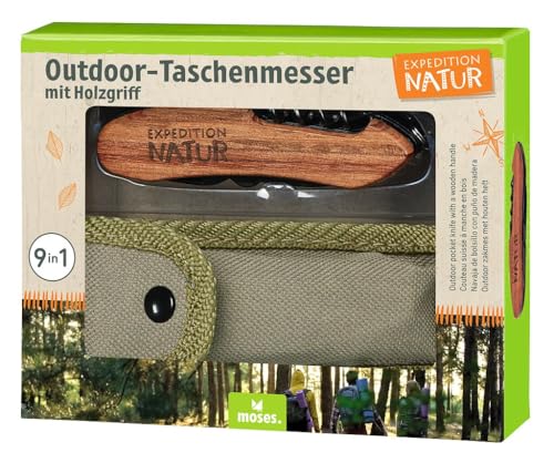 Expedition Natur Outdoor-Taschenmesser mit Holzgriff, 9 in 1 Multifunktionswerkzeug, für Camping und Outdoor, für Kinder ab 8 Jahren, Schwarz-Braun
