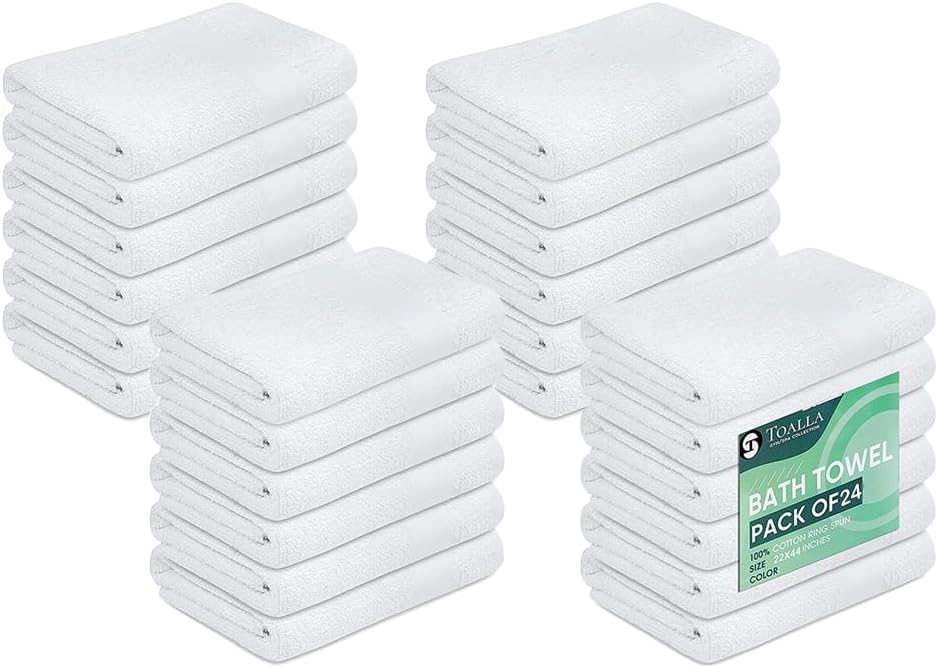 TOALLA Pack of 24 White Bath Towels Bulk 22x44 Inches Economy Cheap Bath Towels