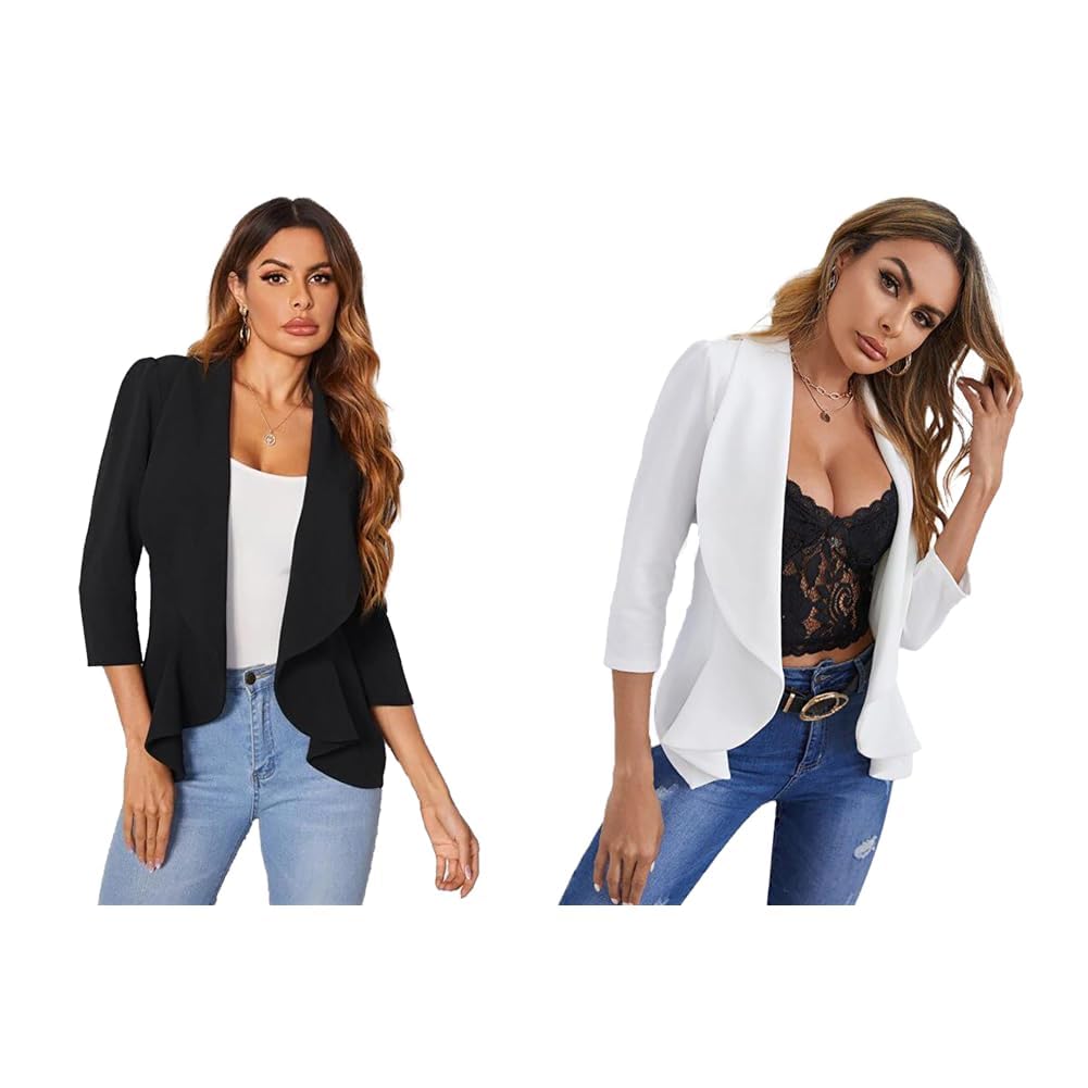 kotty Women's Single Breasted Relaxed Fit Shawl Collar 3/4 Sleeve Blazer Coal Black Women's Single Breasted Relaxed Fit Shawl Collar 3/4 Sleeve Blazer Snow White-picture-18
