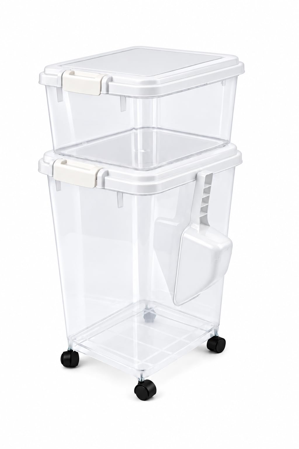 raxter Pet Food Storage Container Set, Clear with Red Lid, Food-Grade Plastic, 45L Combined Capacity, Airtight Seal, Wheeled Base, Stackable, 3 Piece Set with Measuring Scoop (White)