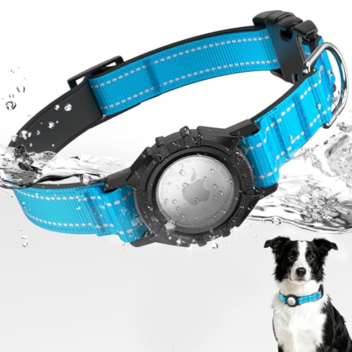 Image of AirTag Dog Collar, IP68 Waterproof Air Tag Dog Collar Holder (Blue, L) | Air Tag Dog Collars Reflective, Ultra-Durable, Comfortable Padded, Heavy Duty Dog Collars Collars for Small - Large Dogs
