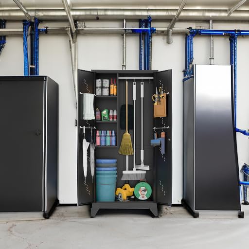 Image of 75 inch Metal Storage Cabinet with Lockable Doors, Functional Garage Storage Cabinets, Heavy-Duty Tool Organization Cabinet with Hanging Rod & S-Hooks (75 inch Utility Closet)