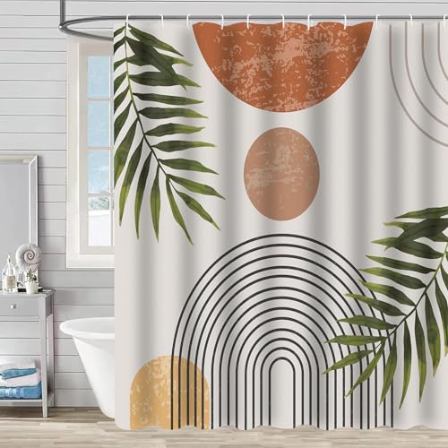 FAIRYGATE Bathroom Curtains Shower Curtain Boho Modern Abstract Art Boho Style Leaves Sun Line Beige Brown Washable Shower Curtains Textile Waterproof Shower Curtain for Bathtub B9231