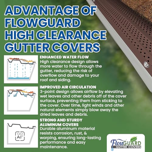 Image of FlowGuard USA Made Professional DIY 5 Inch High Clearance 50-Year Gutter Cover System - Brown - Aluminum Gutter Guards - 102 Feet - by FlexxPoint