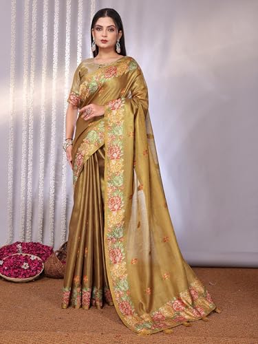 Image of SWORNOF Gold-Toned Woven Design Silk Zari Tissue Saree | Saree for Women | Soft and Skin Friendly