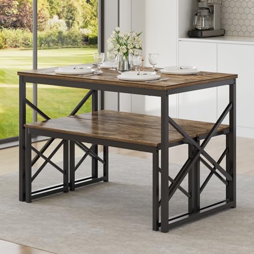 Image of VECELO 55 inch Kitchen Dining Table Set for 4, Heavy-Duty Steel Frame & Wood-Grain Tabletop, Space-Saving Dinette Sets with 2 Benches for Breakfast Nook and Small Space, Grey