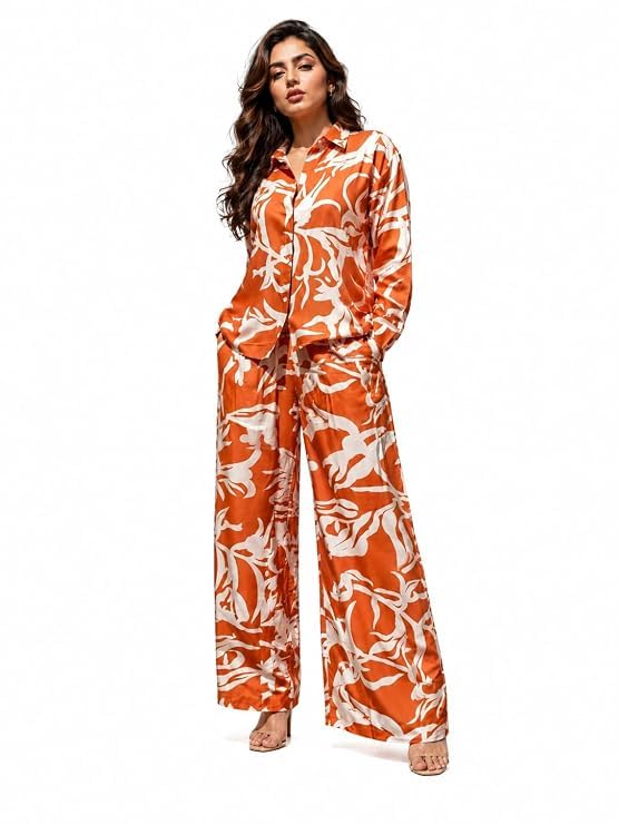 Women's Printed Rayon Co-Ord Set, Long Sleeve Button-Down Shirt with Wide-Leg Palazzo Pants, 2-Piece Lounge Set-image-41