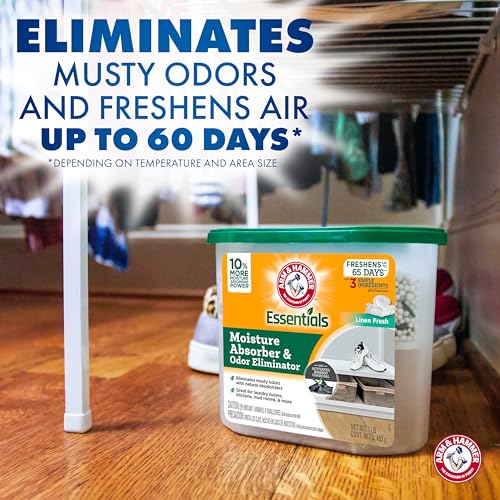 Image of Arm & Hammer Essentials Disposable Moisture Absorber and Odor Eliminator Tub, Linen Fresh, 1 lb., 3-Pack, Attracts and Traps Excess Moisture, Ideal Closet Non-Electric Dehumidifier