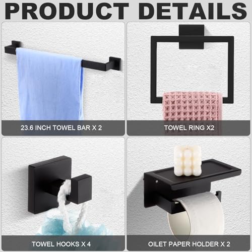 Image of 10 Pcs Bathroom Accessories Set, 24 Inch Bathroom Hardware Set, Stainless Steel Bath Towel Bar, Towel Racks, Robe Hook, Toilet Paper Holder with Phone Shelf Wall Mounted for Gifts (Matte Black)