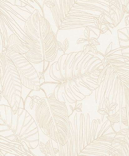 Rasch Color your life 90804 Papier peint intissé clair aspect textile et grandes feuilles tropicales beige Monstera