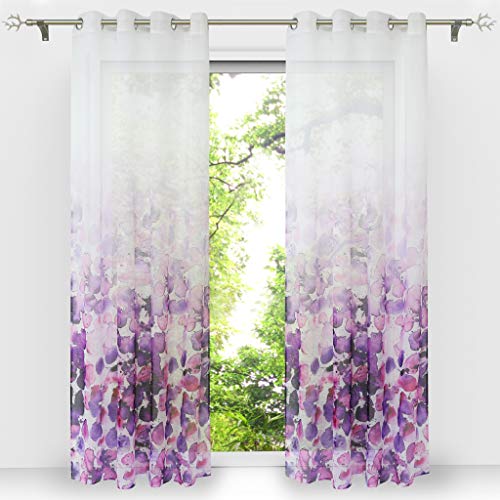 HongYa - Cortina Transparente con Estampado de Flores, poliéster, Weiß/Violett mit Ösen, H/B: 245/140 cm