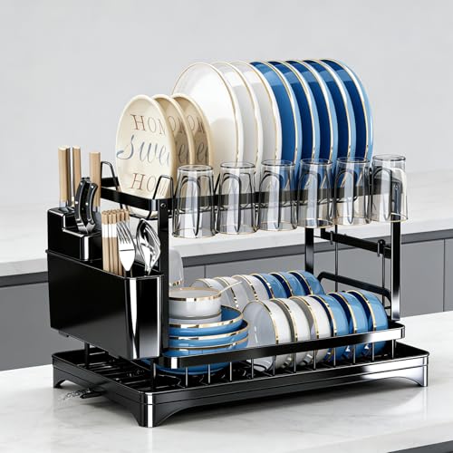 Abtropfgestell geschirr, 2-Stufiges Geschirrabtropfgestell, Geschirr abtropfständer mit schwenkbarem Auslaufstutzen, Dish drying rack mit einer Abtropfschale, Geschirrtrockner abtropfgestell, Geschi