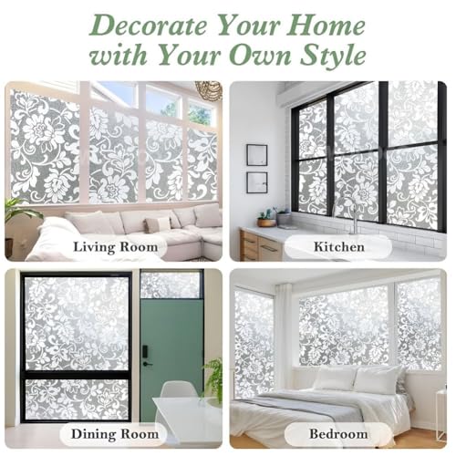 Image of MOCOCO Premium Vinyl Privacy Stained Frosted Window Glass Film (16x84 Inch) - Self-Adhesive Tint Wallpaper Sticker Opaque Sheet for Glass Cover Window, Door, Office, Home.| Anti-UV. White Flowers
