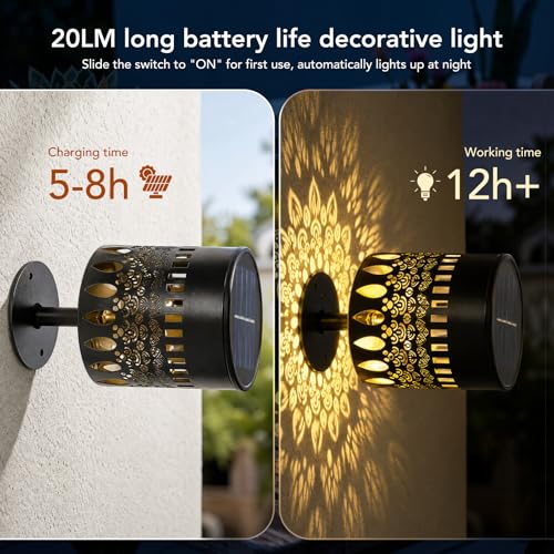 Image of Neoglint 2 Pack Solar Mandala Fence Lights Outdoor IP55 Warm White | Exquisite Mandala Wall Deck Lights for Garden Patio Step, IP55 Waterproof Iron Wall Mount, Warm Glow Pattern, 800mAh 12H