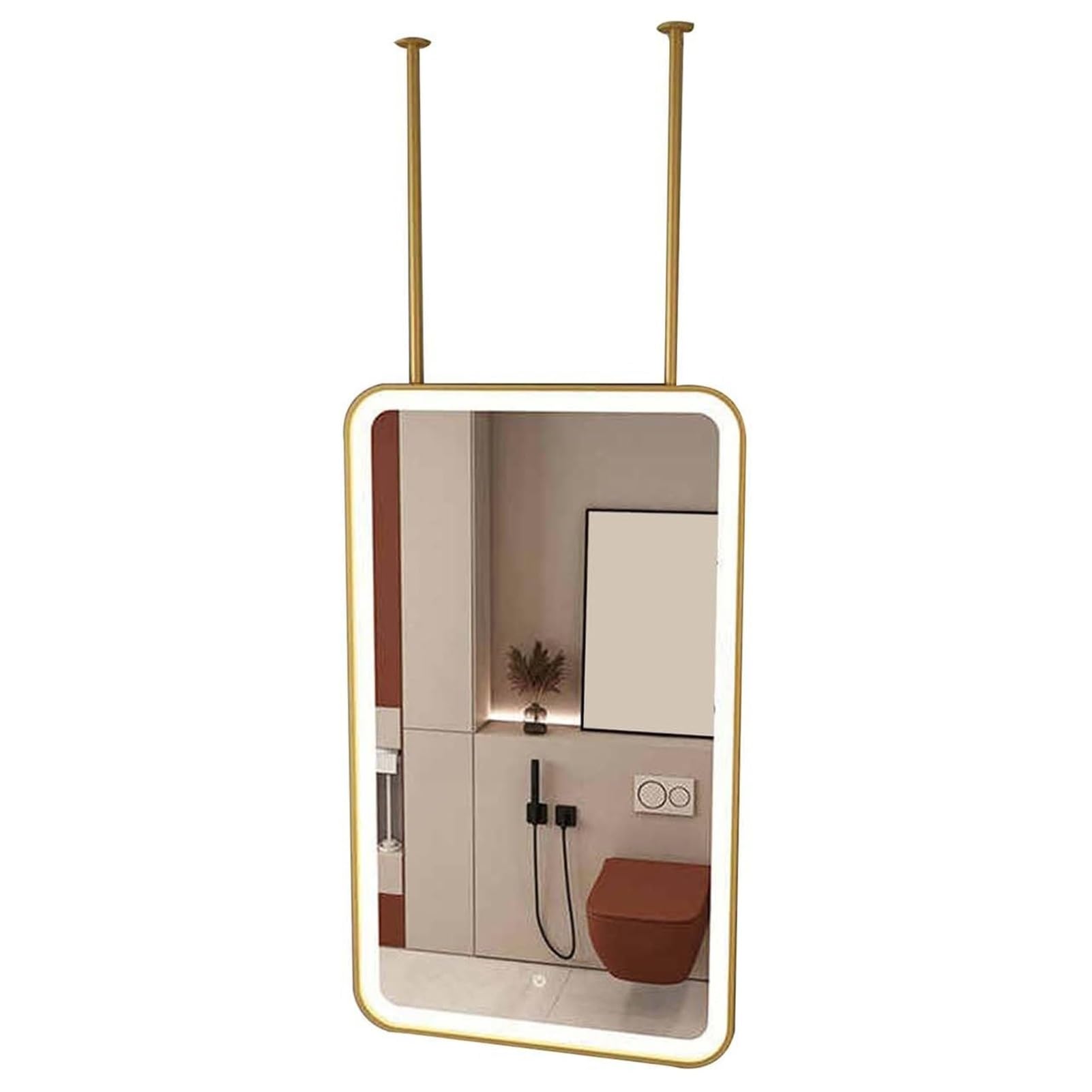 QICBYING Ceiling Hanging Mirror With LED Light, Rectangular Ceiling-Mounted Mirror, LED-lit Bathroom Vanity Mirrors, 3-Color Dimmable Lights, For Homes, Hotels, Beauty Salons(Gold,50x80CM)