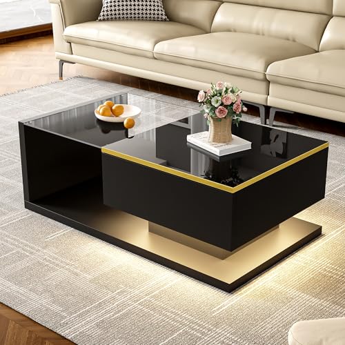 OKMYHOME Table Basse avec LED et Rangement - Table en Verre Noir Brillant - 90 x 50 x 32,5 cm - Noir
