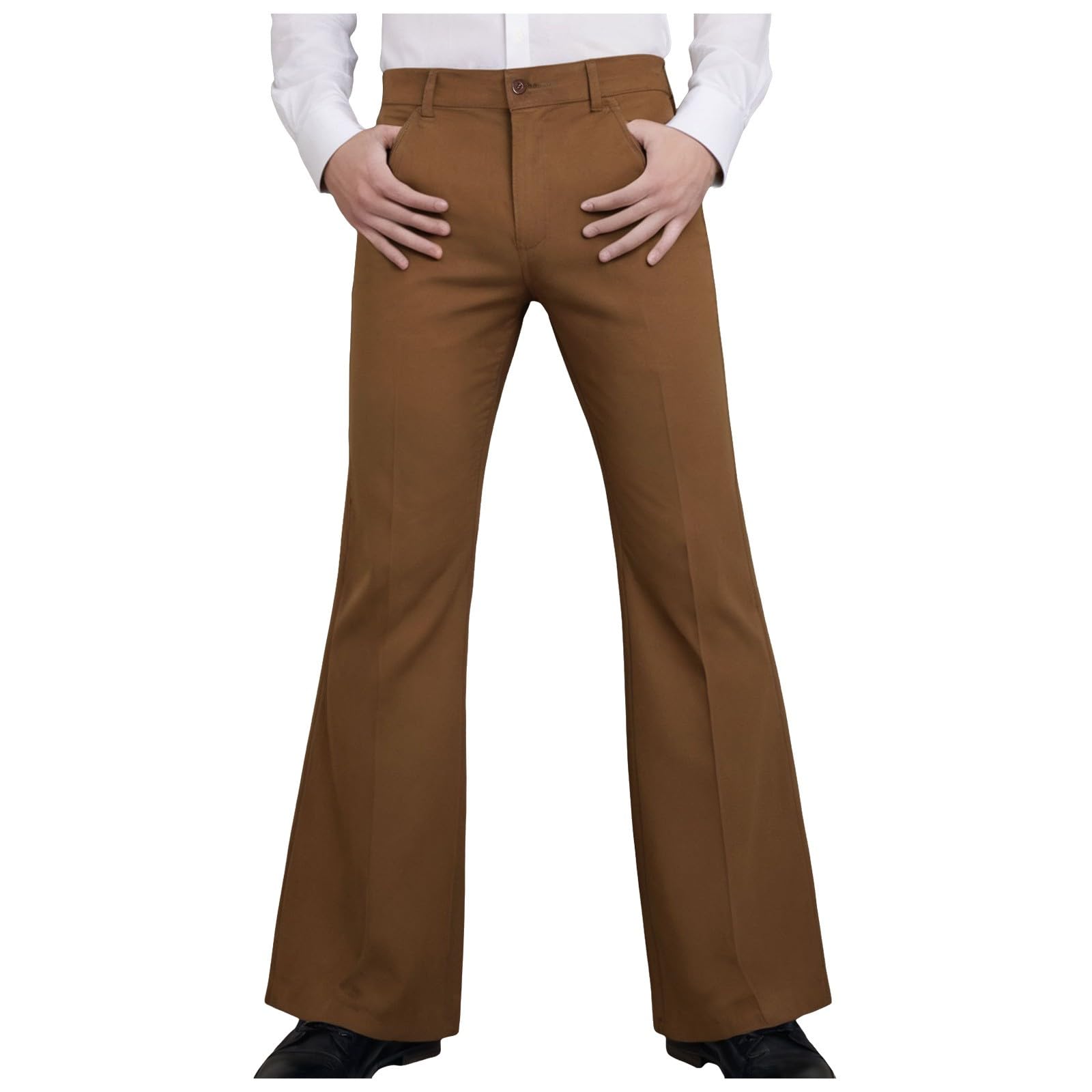 Mens Bell Bottom Pants 70s Disco Outfits Slim Fit Retro Flared Pants 60s 70s Flare Trousers Mens Casual Flare with Pockets Fancy Dress Costume, for Theme Parties, Festivals, Everyday (Brown, XXXL)