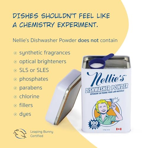 Image of Nellie's Dishwasher Powder - Tough on Food Residue, Plant-Based Ingredients, Spotless Clean, High-Efficiency Dishwashing Solution - 100 Scoop Tin - (Made in Canada) | Plant-Based, Phosphate-Free & Septic-Safe, HE Compatible, Made in Canada