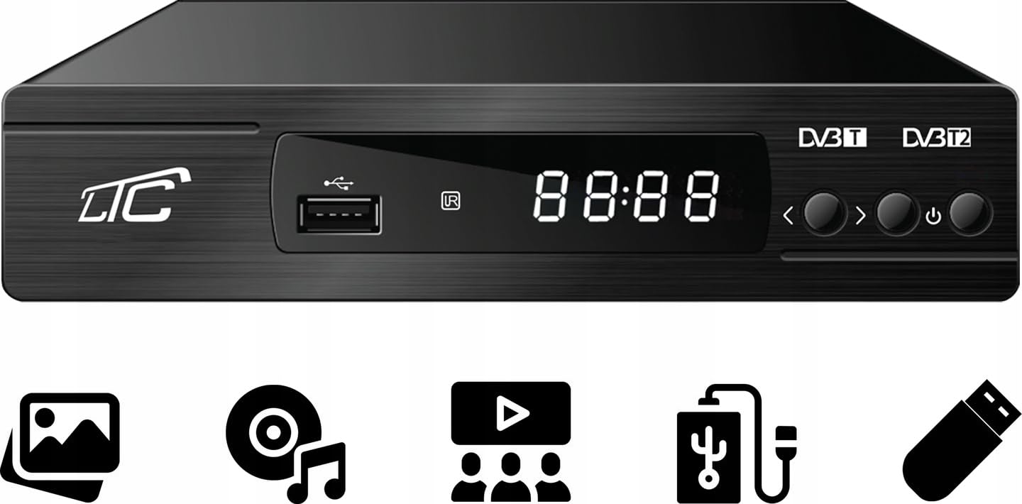 LTC DVB-T2 HD Receiver für terrestrisches Fernsehen, H.265 HEVC Decoder, Full HD 1080p, inkl. 2-in-1 lernfähiger Fernbedienung für TV-Steuerung, PVR Aufnahme, Timeshift, USB, HDMI, Scart, Schwarz