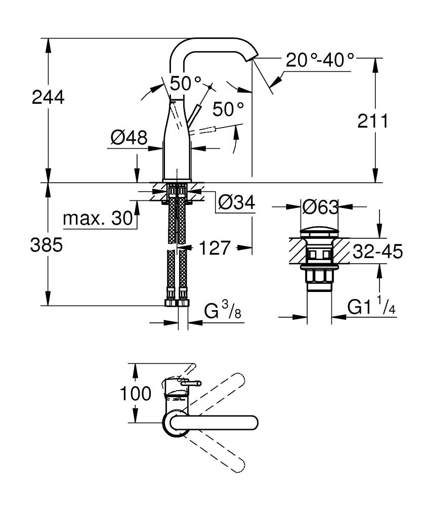GROHE Essence, Waschtischarmatur, wassersparend (Wasserhahn für das Bad, 24cm hoch, Badarmatur mit Pop-Up Ablauf, schwenkbar, einfache Installation am Waschbecken), chrom, 23799001