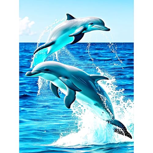 Bowetile DIY Diamond Painting Art Kits Dauphin, Kits de Peinture Diamant Plage pour Adultes, Diamant Strass Point de Croix Cristal Painting pour Murale...