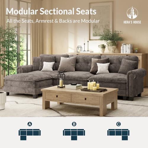 Image of HERA'S HOUSE 116 inch Oversized L Shaped Modular Sectional Couch Living Room | Mid-Century Modern 4-Seater Cloud Sofa, Grayish Brown, Rolled Arms & Nailhead Trim, Wider & Deeper Seats, Ottoman, Chenille