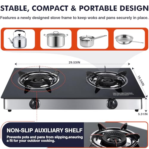 Image of Llamaviva 2 Burner Propane Stove, High Output Gas Cooktop with Tempered Glass Surface, Portable Double Burner Gas Stove for Outdoor Camping, RV & Indoor Use, 19K BTU, CSA Certified Regulator & Hose