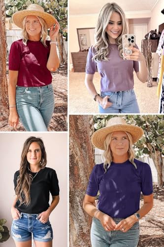 Image of Arach&Cloz Women's Short Sleeve Crew Neck Sweaters Trendy Teacher Work Tops