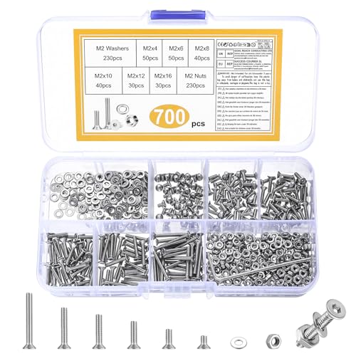 700 Piezas M2 Juego de Tornillos y Tuercas, Tornillo de Avellanado Cabeza Hexagonal, Tornillos de Plana y Tuercas y Arandelas Kit, Tornillo de Cabeza Hueca Hexagonales de Acero Inox