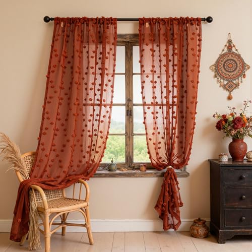 MYSKY HOME Terracotta Boho Sheer Curtains with Pom Poms 84 Inches Long Burnt Orange Rust Colored Rustic Farmhouse Bohemian Drapes for Bedroom Living Room Window Rod Pocket 52 Wide 2 Panels