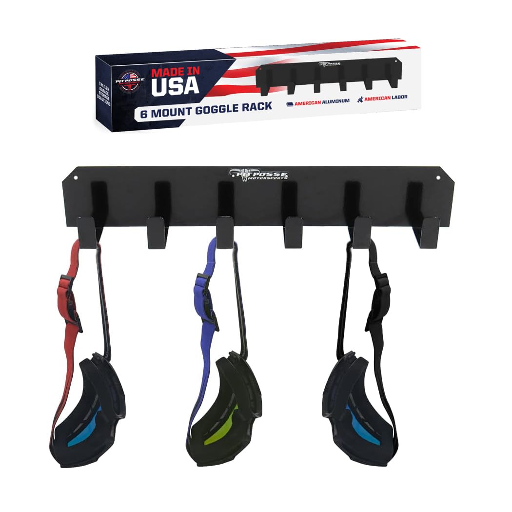 598BK 6 Mount Goggle Rack Wall Hanger - Made in USA - Cabinet Shop Garage Enclosed Race Trailer Automotive Motorcycle MX Bike - Holds 6 Pairs of Goggles (Black)